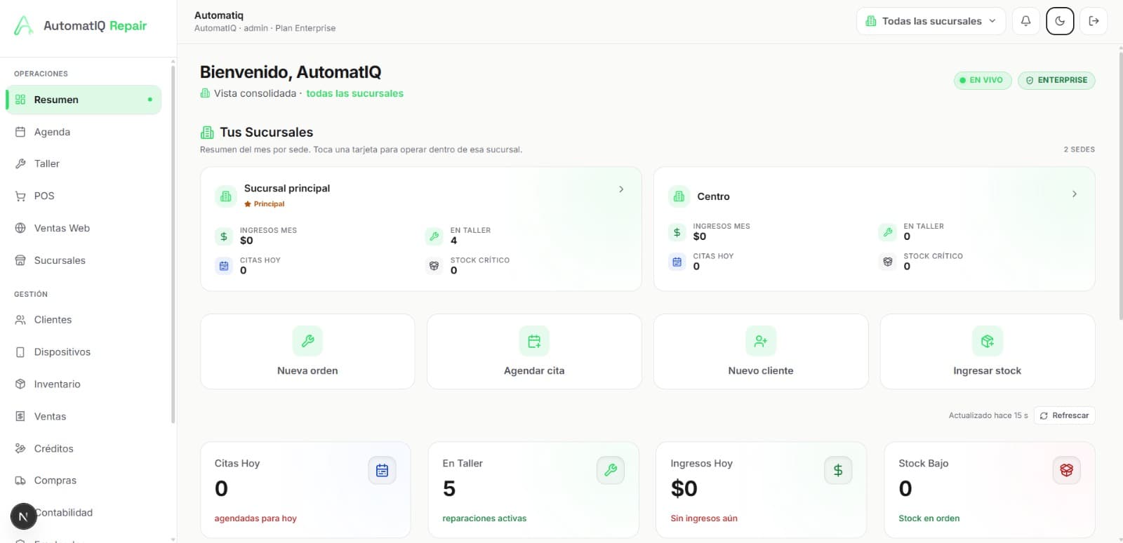 Panel de AutomatIQ Repair con vista consolidada de dos sucursales, accesos rápidos para nueva orden, agendar cita y nuevo cliente, y contadores de equipos en taller