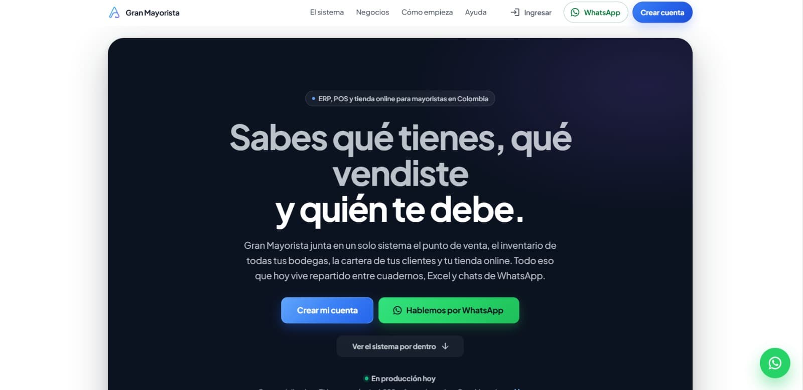 Portada de Gran Mayorista con el mensaje "Sabes qué tienes, qué vendiste y quién te debe" y los accesos para crear cuenta o escribir por WhatsApp
